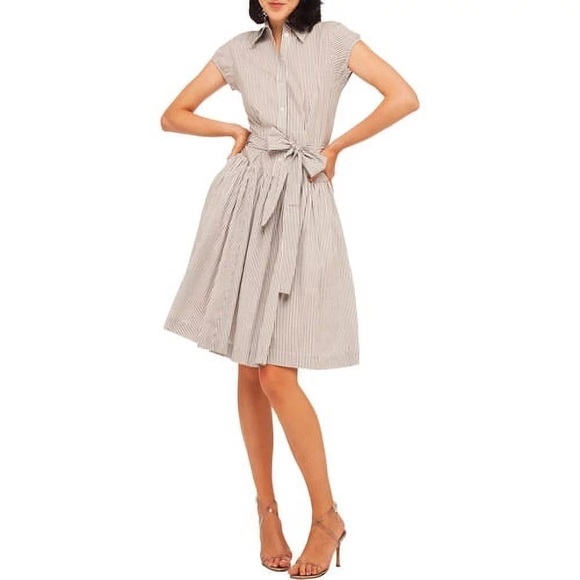 Norma Kamali Cap Sleeve Seersucker Stripe Tie Waist Shirt Dress - Picture 1 of 10